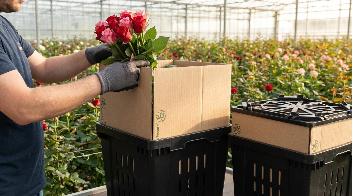 Grower in a greenhouse loading freshly cut roses into an open Procona Valencia bucket