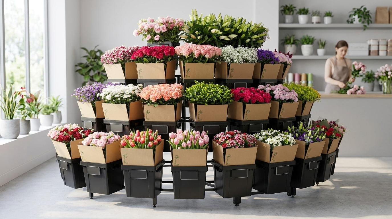 Retail flower department with Procona buckets in a Pagter Madeira display rack