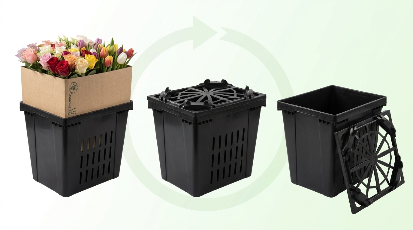 Procona bucket lifecycle: loaded with flowers, closed for transport, and empty for return