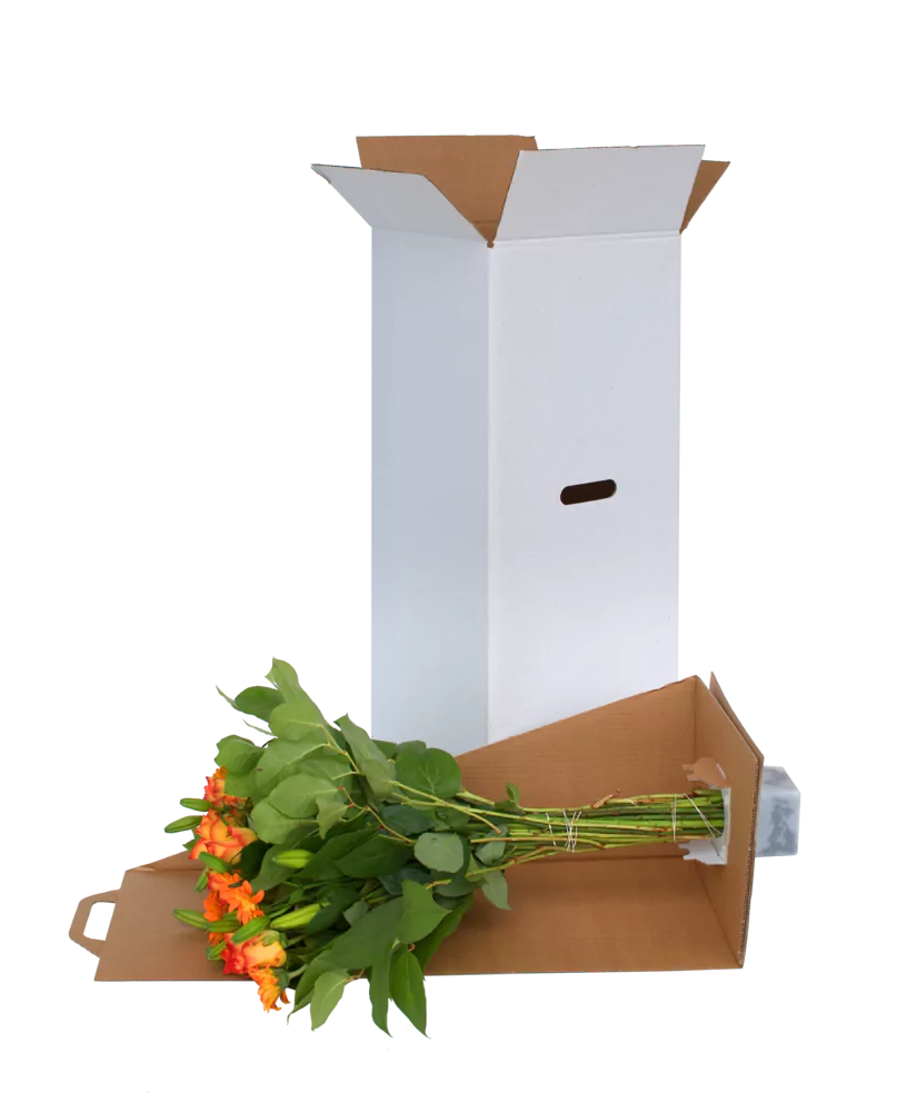 Porto flower packaging with a bouquet, clamped in the insert of the Porto shipping box