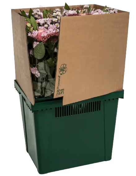 Procona Amsterdam reusable flower bucket — green reinforced rectangular container, cutout view
