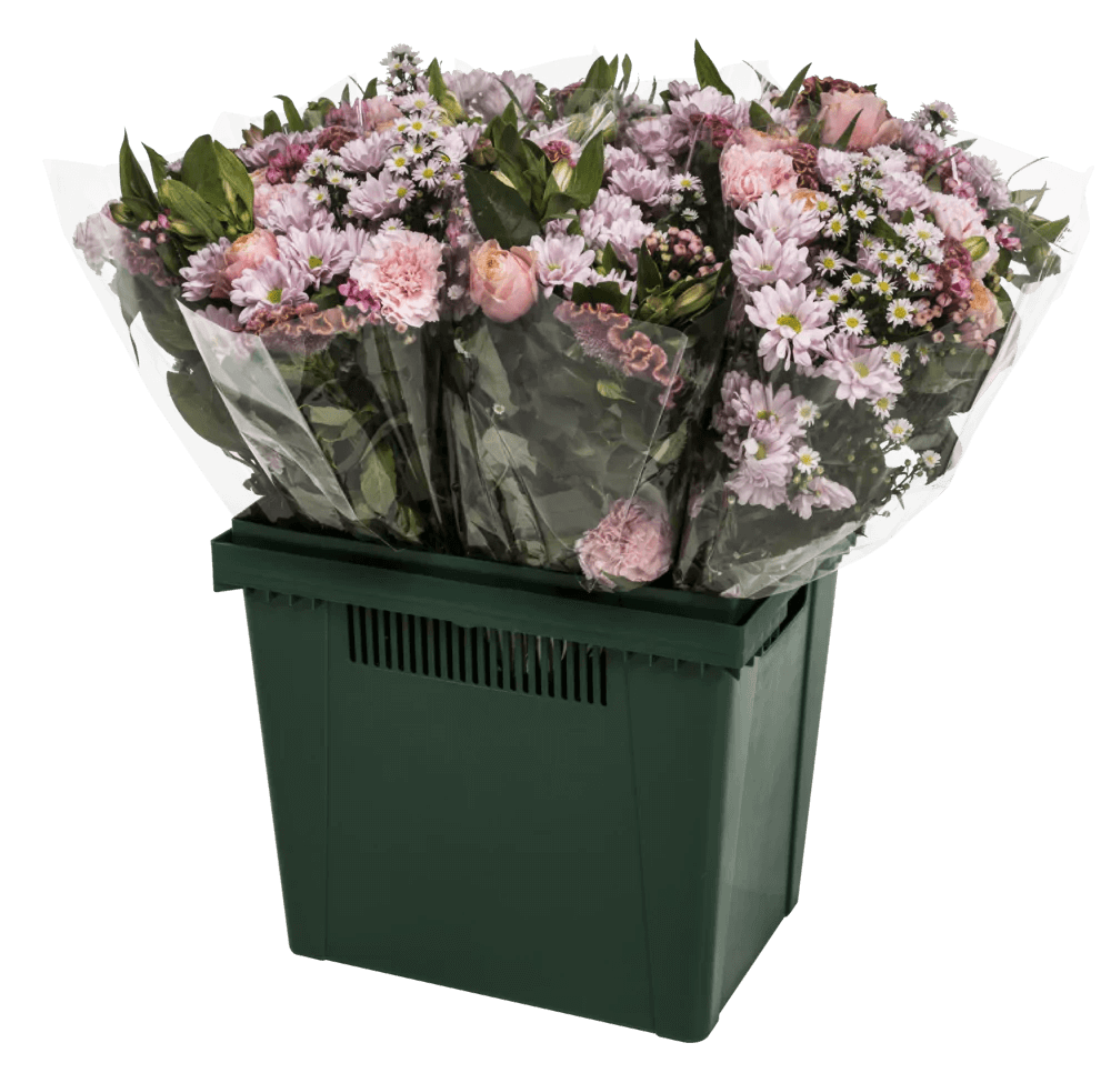 Procona Amsterdam green bucket filled with fresh cut flowers for auction logistics