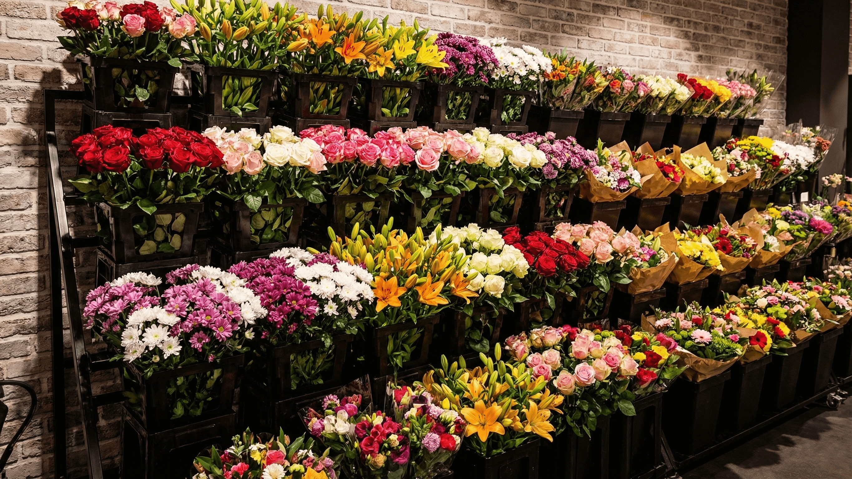 Madeira display system fully loaded with colorful cut flowers in Procona buckets