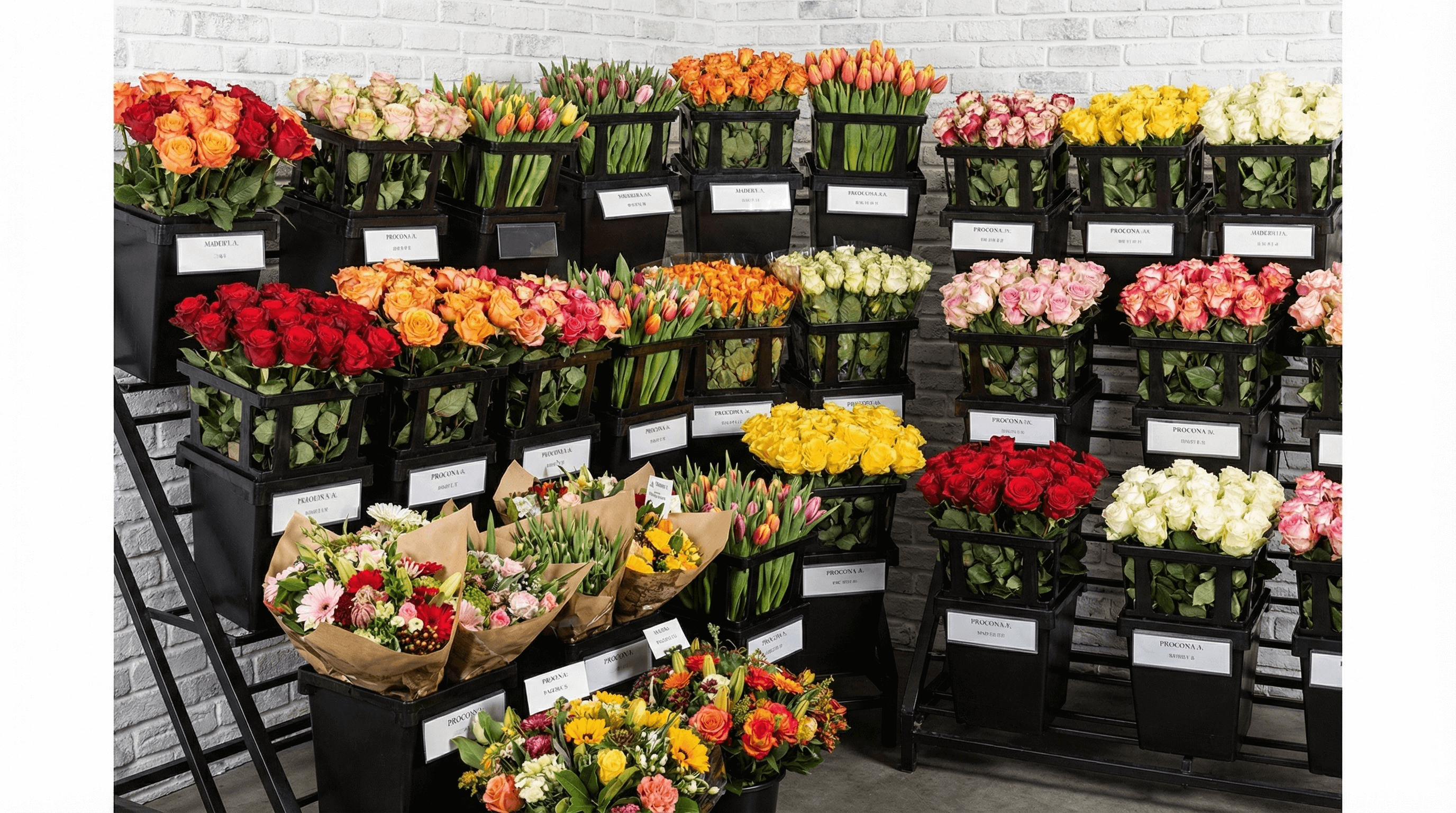 Wide view of Madeira flower wall display with roses and tulips in Procona buckets