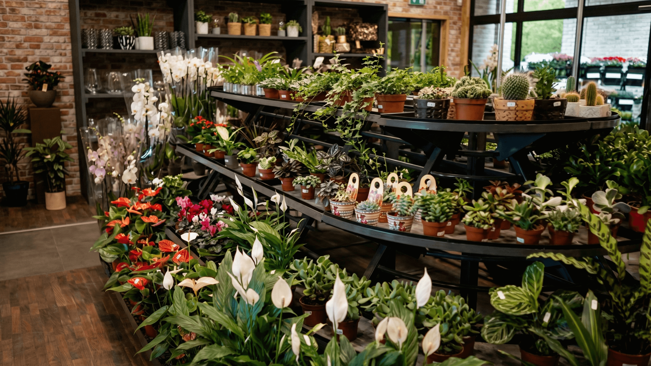Madeira display system with potted plants in a modern garden center
