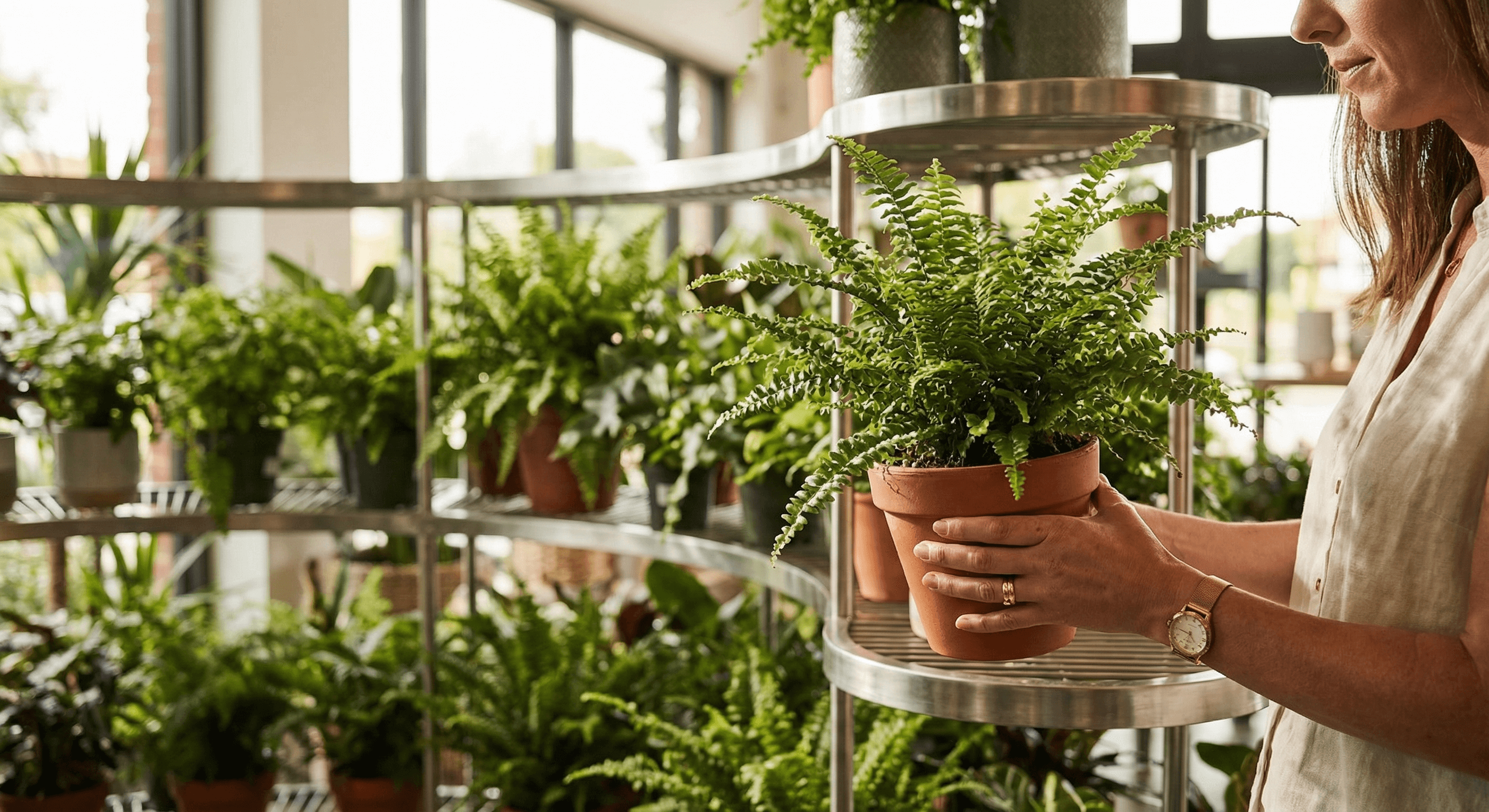 Customer selecting a potted fern from a Pagter display rack in a garden center