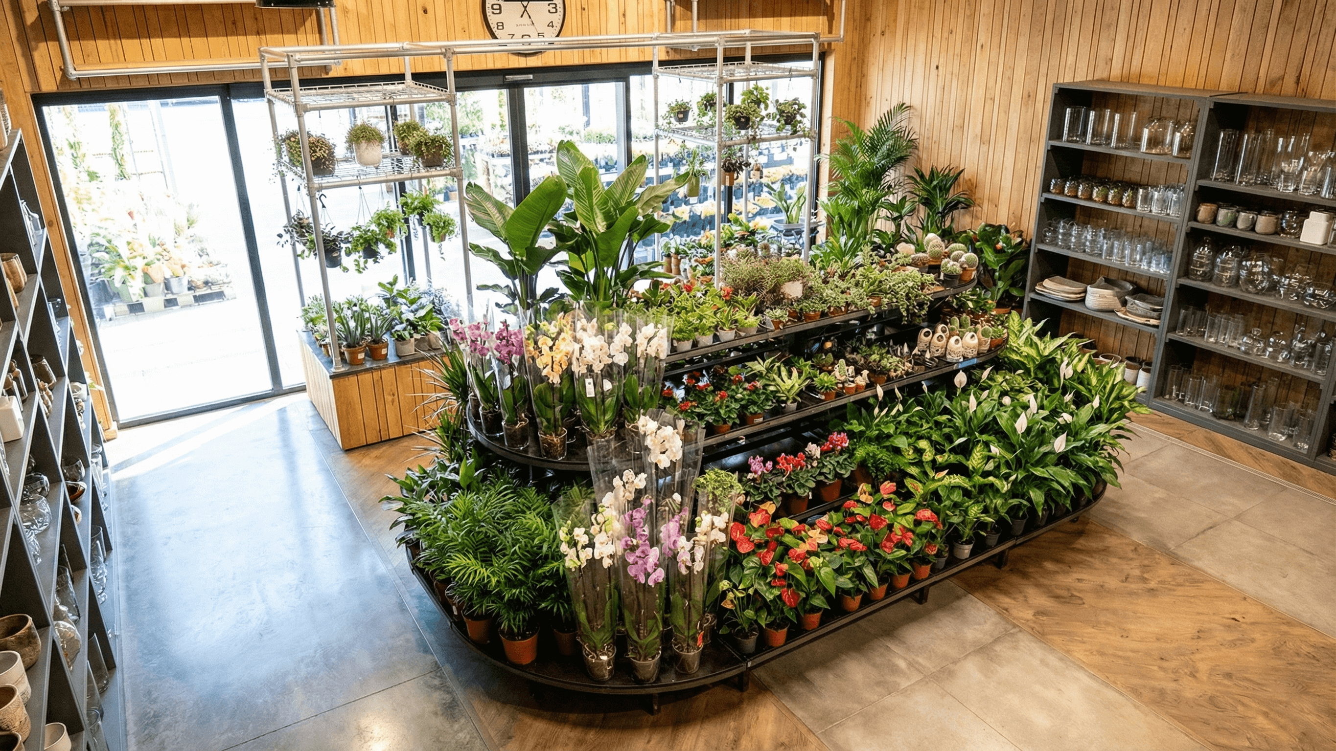 Overhead view of curved Madeira display island in a modern garden center