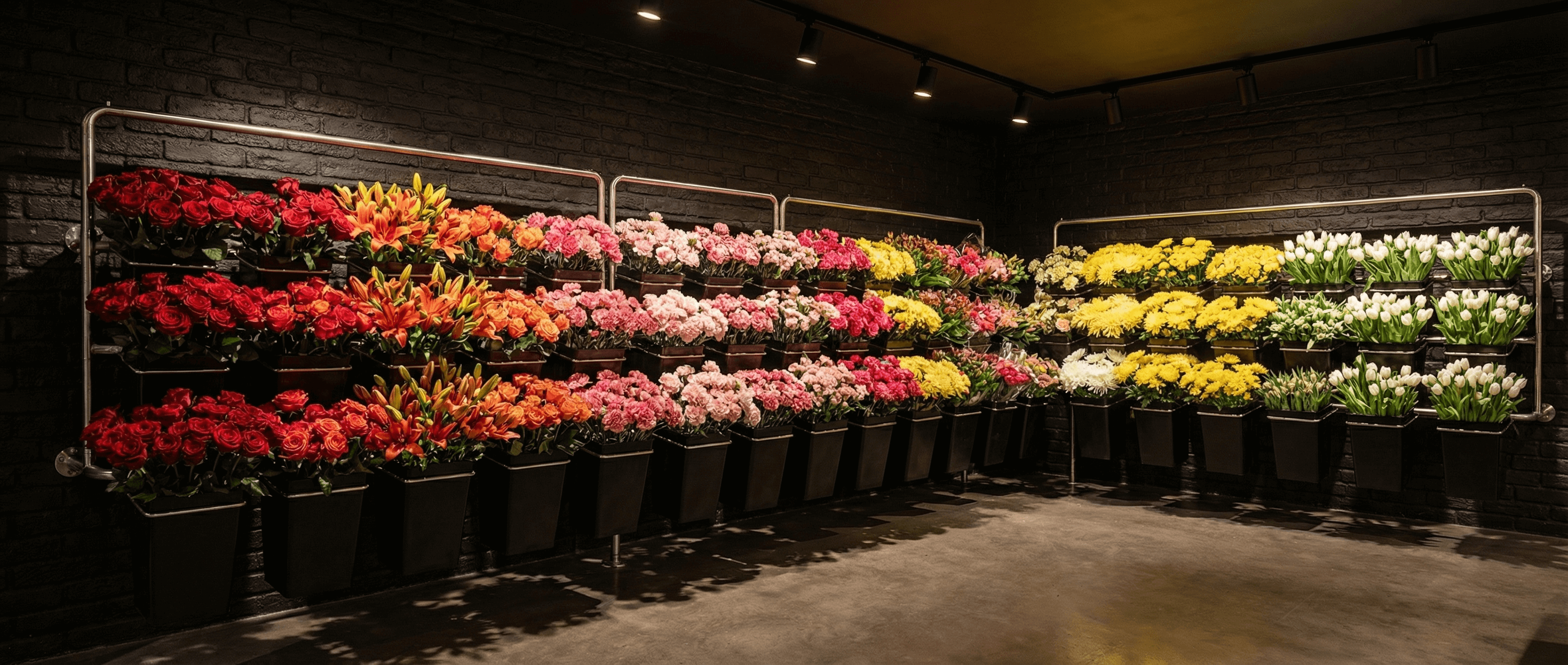 Dramatic flower wall display with rainbow of roses, lilies and tulips in Procona buckets