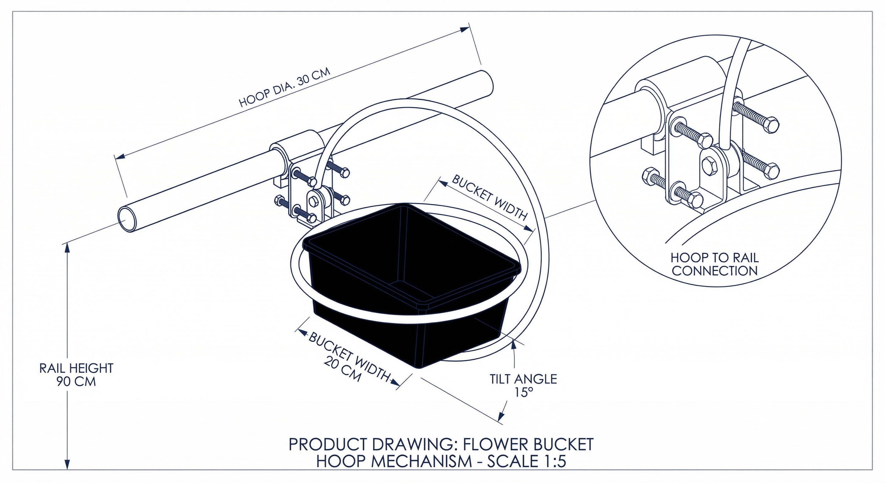Technical detail drawing of hoop mechanism holding a Procona bucket