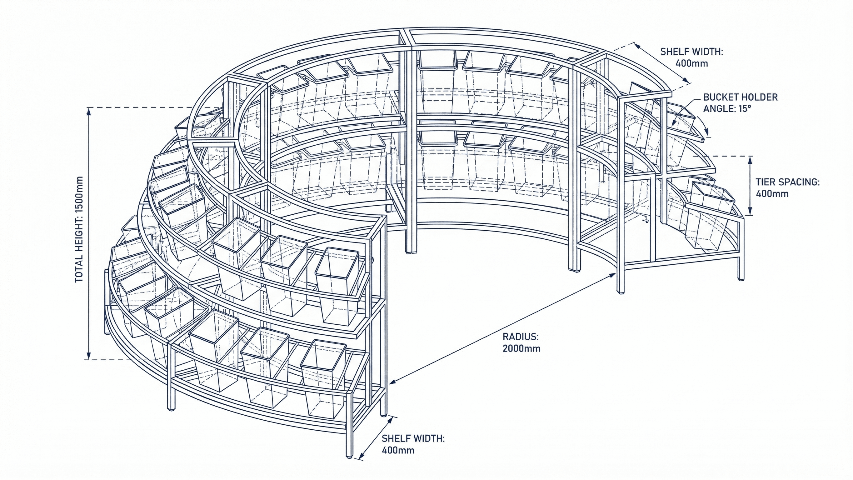 Technical schematic of Madeira curved island display system with dimensions