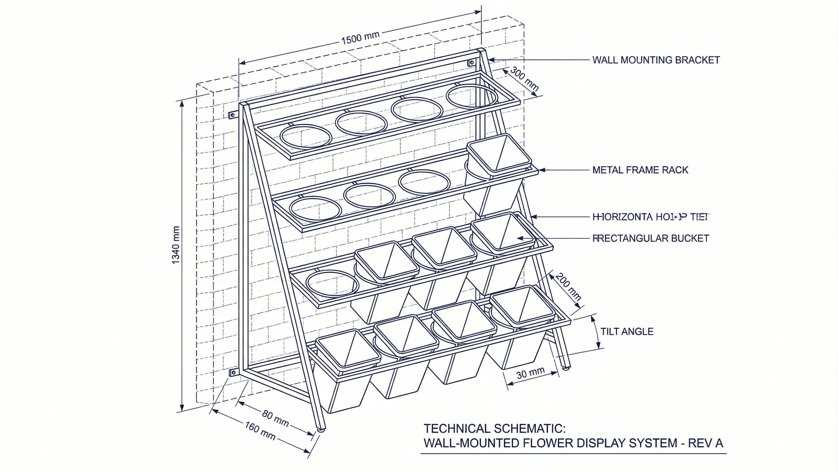Technical schematic of wall-mounted Madeira display system with hoops
