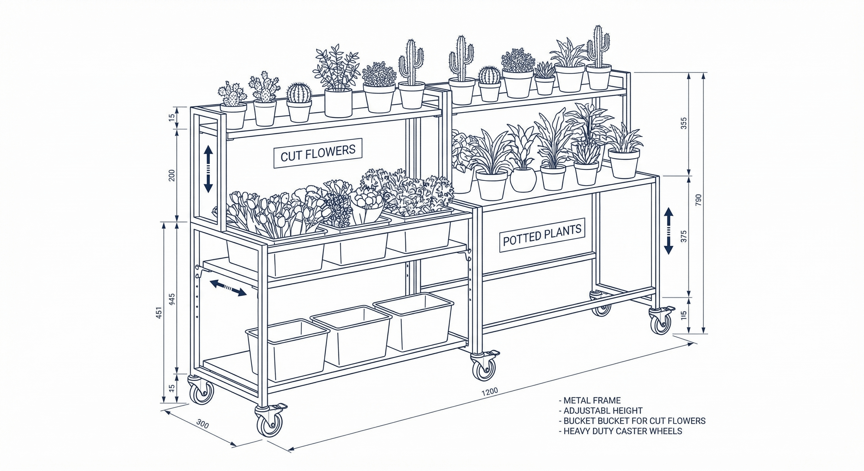 Technical schematic of mobile shelving unit with wheels for cut flowers and potted plants