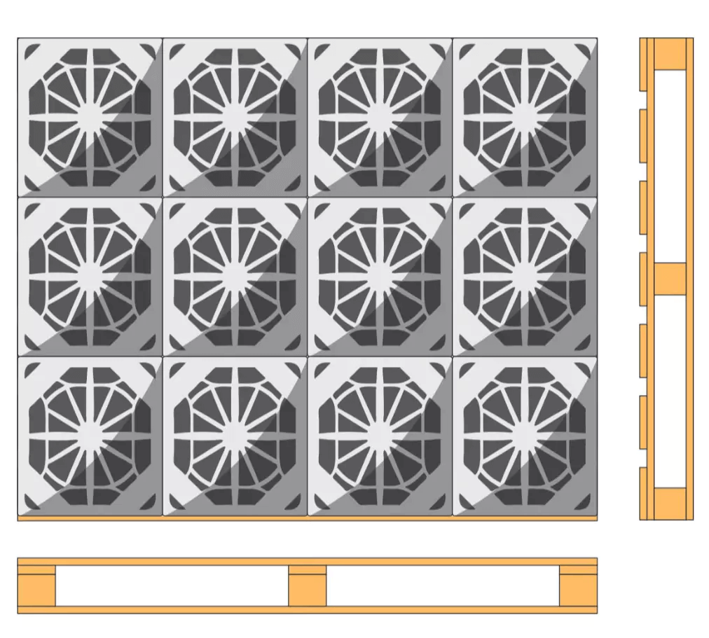 Procona London buckets loaded on a block pallet — 12 per layer at 100% pallet capacity