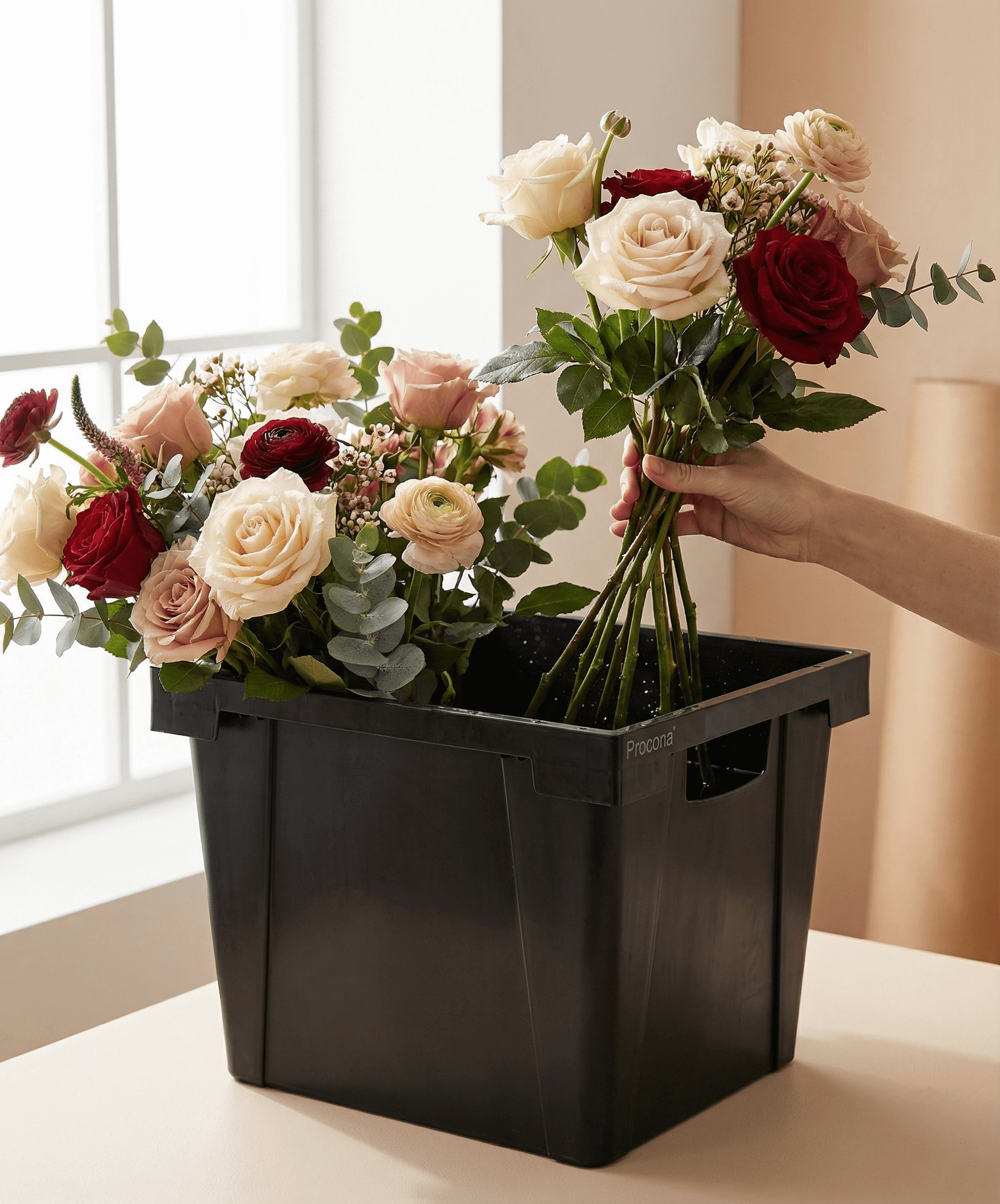 Flowers being placed into Procona bucket